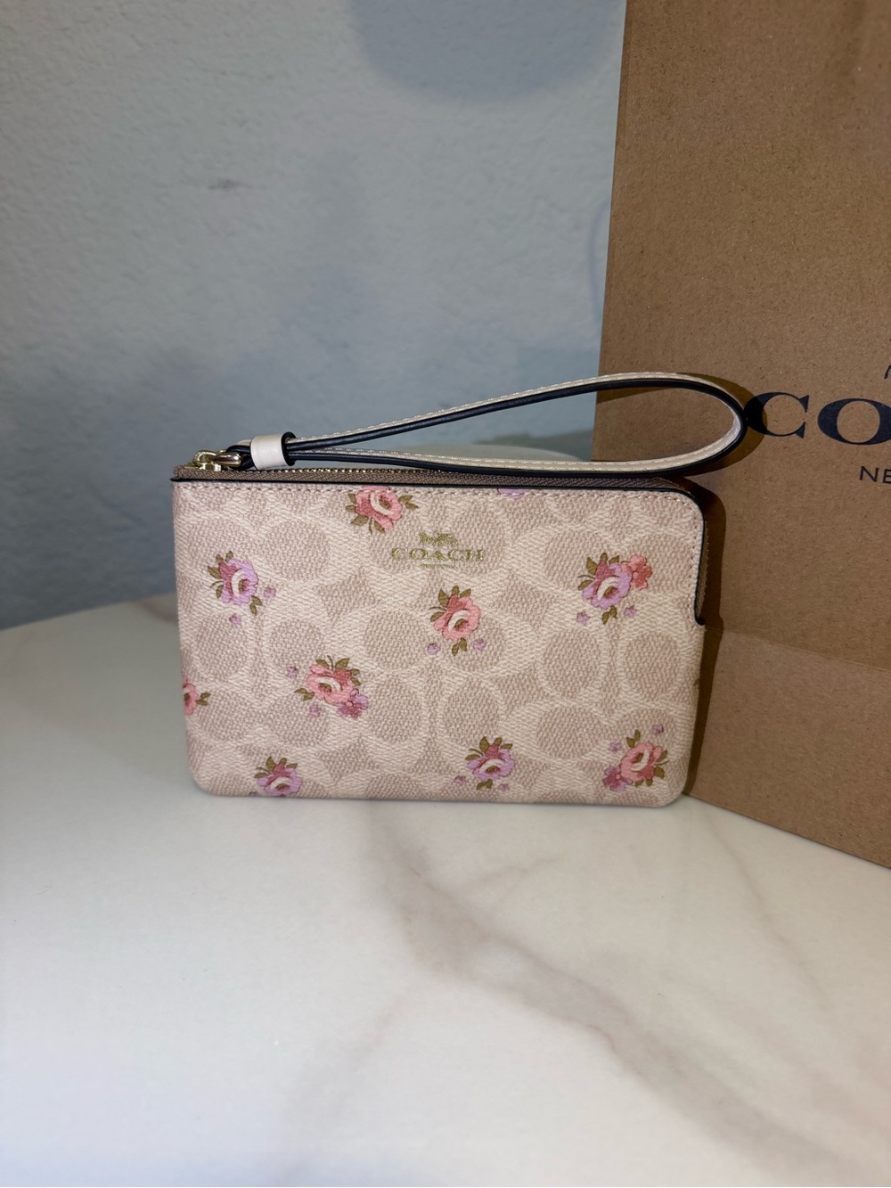 Coach Pink Floral Signature Wristlet Pouch